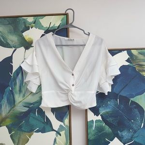 Cropped white flutter sleeve shirt